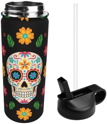 Double Wall Vacuum Insulated Stainless Steel Water Bottle with Lid and Straw for Men Women, Mexican Sugar Skulls Mexico Day Of The Dead Flowers