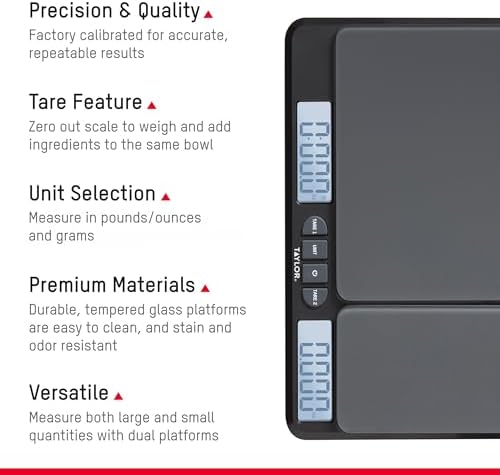 Taylor Dual Platform Food Kitchen Scale, Digital Grams and Ounces for Weight Loss, Baking, Cooking, Meal Prep, Spices, and Coffee, Backlit Display, Glass Platforms, 15lb, and 16oz Capacity, Black