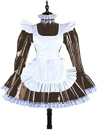 Plus Size Lace Trim Mini Dress Women Long Sleeve Dress with White Apron Valentine Costume,Dark Brown,7XL