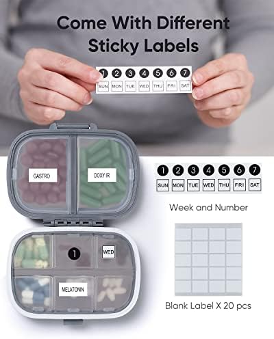 Holii Travel Pill Organizer, 8 Compartments Portable Pill Case, Daily Pill Box to Hold Vitamins, Small Pill Container for Pocket Purse Medicine Organizer（Gray）
