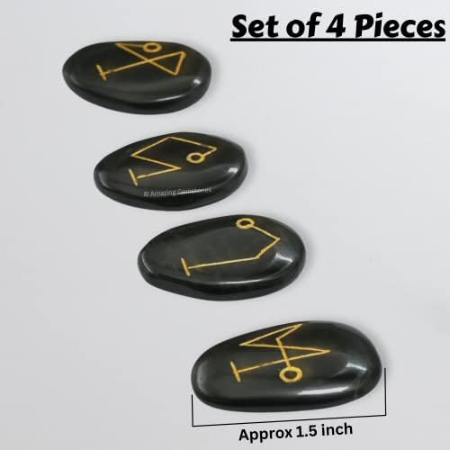 Amazing Gemstone Archangel Stones Set of 4 - Michael, Gabriel, Raphael, Uriel Signature Symbol for Talisman Protection - Black Agate Healing Crystals and Healing Stones