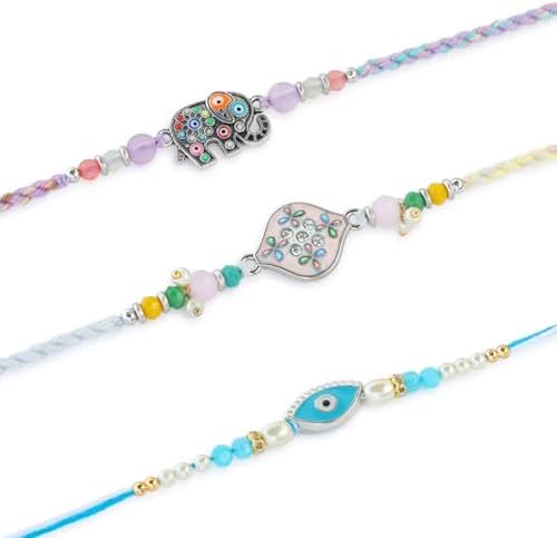 Set of 3 Evil Eye Rakhi for Brothers with Raksha Bandhan Greeting Card & Roli Chawal Tika | Elephant Rakhi for Small Brother Bhaiya | Designer Evil Eye Bracelet Rakhi for Brothers