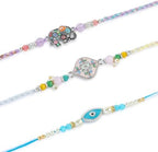 Set of 3 Evil Eye Rakhi for Brothers with Raksha Bandhan Greeting Card & Roli Chawal Tika | Elephant Rakhi for Small Brother Bhaiya | Designer Evil Eye Bracelet Rakhi for Brothers
