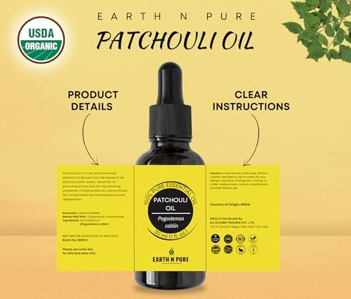 Earth N Pure Patchouli Essential Oil Natural & Therapeutic Grade for Aromatherapy, Skin & Hair Care with Glass Dropper 15 ml