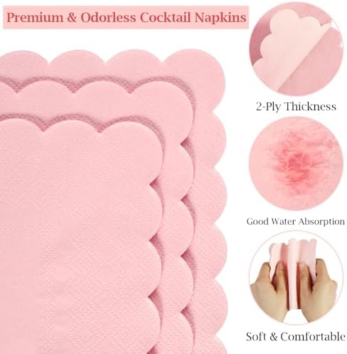 100 Pcs Cocktail Napkins, 2-Ply 5 x 5 Inches Disposable Scalloped Napkins, Thick Premium Dessert Napkins for Party, Wedding, Dinner, Birthday, Anniversary, Festival (Pink)