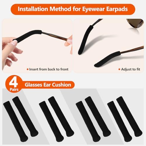 4 Pairs Glasses Ear Cushion, Anti-Slip Elastic Comfortable Eyeglasses Temple Tips Sleeve, Soft Knitting Cotton Fabric Ear Grips for Eyewear, Sunglasses & Reading Glasses (Black)