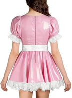 PVC Puff Sleeve A-line Dress with Lace Trim Cute Lolita Style Outfit Cosplay Pleated Dress