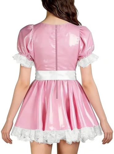PVC Puff Sleeve A-line Dress with Lace Trim Cute Lolita Style Outfit Cosplay Pleated Dress