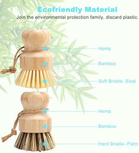 Aisuly Bamboo Dish Brush Set, 2 Pcs Palm Wooden Dish Scrubber Brush, Dish Brushes, Durable Wood Dishes Scrub Brush, Natural Round Vegetable Cleaning Pots Pans Sink Washing Kitchen Brush