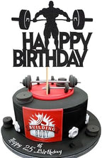 1Pc Fitness Cake Topper - Gym Themed Weight Lifting Lover's Athlete Body Builder Sport Weightlifting Happy Birthday Party Decoration Fitness Enthusiast - Black Glitter