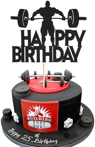 1Pc Fitness Cake Topper - Gym Themed Weight Lifting Lover's Athlete Body Builder Sport Weightlifting Happy Birthday Party Decoration Fitness Enthusiast - Black Glitter