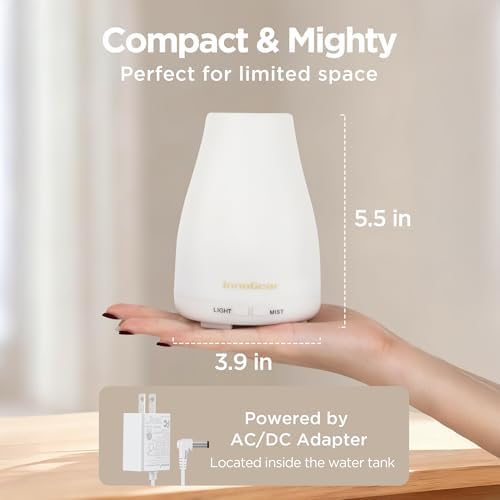 InnoGear Essential Oil Diffuser, Ultrasonic Diffusers for Home Aromatherapy Humidifier for Mother's Gift Bedroom Room 7 Colors LED 2 Mist Mode Auto Off, Basic White