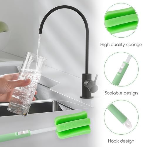 ericotry 3PCS Dishwashing Foam Sponge Brush with Adjustable Long Handle Bottle Scrubber Cleaning Sponges Brushes Cleaner Soft for Baby Bottle Kitchen Clean Glasses Mugs Cups (Color Random)