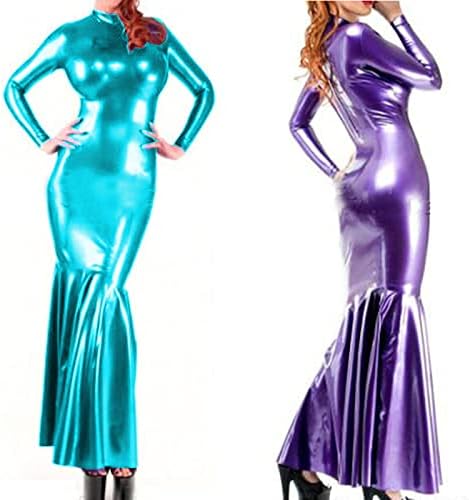 Sexy Latex Gown Long Sleeves Rubber Dress Faux Leather PVC Party Club slim bag hip fishtail dress Outfits long dresses,Red,L