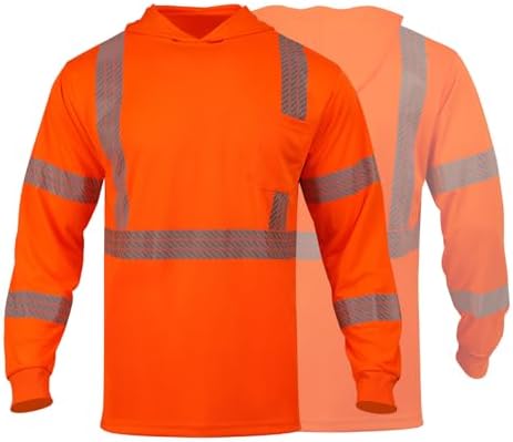 GLIMMR Hi Vis Hoodie Safety Reflective High Visibility Long Sleeve T Shirts with Hood for Men Class 3 Construction Workwear