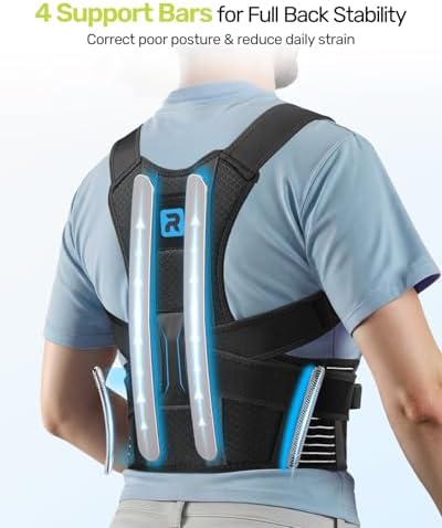 Rakiie Posture Corrector for Women Men, 4 Back Support Brace Bars, Adjustable Shoulder Straightener with Cushioned Pads for Hunchback, Round Shoulders, Back Pain Relief, Blue M