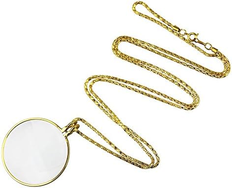 Mini Portable 5X Magnifer 42mm/1.7" with Alloy Chain Necklace Hanging Magnifying Glass for Reading Newspaper,Magazine,Map, Science Class,Hobby, Jewelry,Inspects,Rocks,Low Vision (Gold)