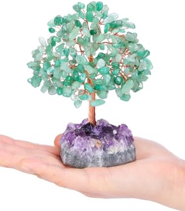 Jovivi Natural Green Aventurine Healing Crystal Money Tree on Amethyst Cluster Geode Druzy Base Feng Shui Crystals for Home Office Desk Decorations, Wealth, Good Luck