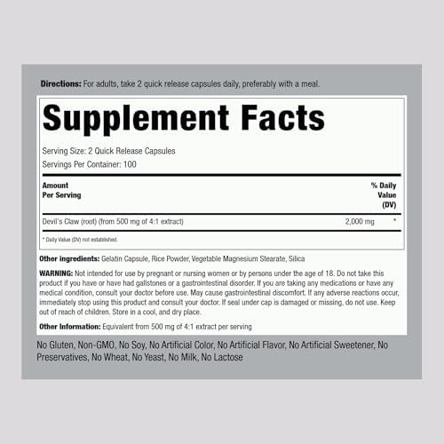 Piping Rock Devils Claw | 200 Capsules | Herbal Supplement | Concentrated Extract | Non-GMO, Gluten Free