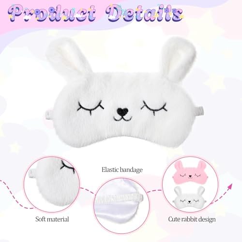 Kids Sleep Mask, 2 Pcs Cute Rabbit Plush Eye Mask Soft Comfortable Kids Eye Mask for Sleeping Funny Animal Eyeshade Cover for Women Girls Home Travel Nap Sleepover Party (White, Pink)