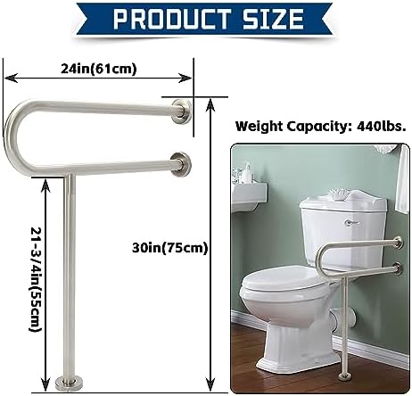 HECASA 24 Inch Handicap Grab Bars Rails 304 Stainless Steel Toilet Handrail Bathroom Safety Bar Wall Mount Floor Support Assist Bar for Disabled Elderly Mounted Bath Grips