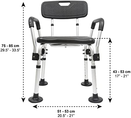 PEPE Mobility Shower Chair to Sit on in Shower, Height Adjustable with Non-Slip Tips, Removable Armrests, Tool-Free Assembly, Black, Safety Bath Seat