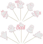 Rsstarxi 24 Pack Halloween Ghost Cupcake Toppers Glitter Pink Ghost Cupcake Picks Decorations for Happy Boo Day Birthday Baby Shower Halloween Party Cake Decorations Supplies