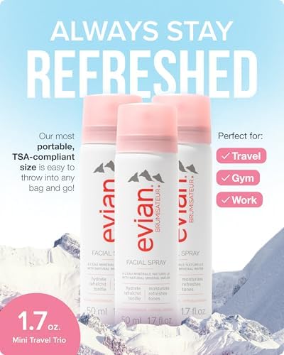 Evian Facial Spray 1.7 oz - Hydrating Mineral Water Mist for Face & Skin - Refreshes Makeup and Tones Skin - TSA-Approved Mini Facial Spray Set for Daily Skincare Hydration