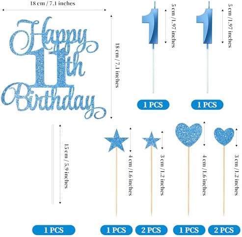 11th Birthday Cake Decorations, 11th Birthday Candles Cake Numeral Candles and Glitter Happy 11th Birthday Cake Toppers Set for Birthday Party Supplies (Blue)