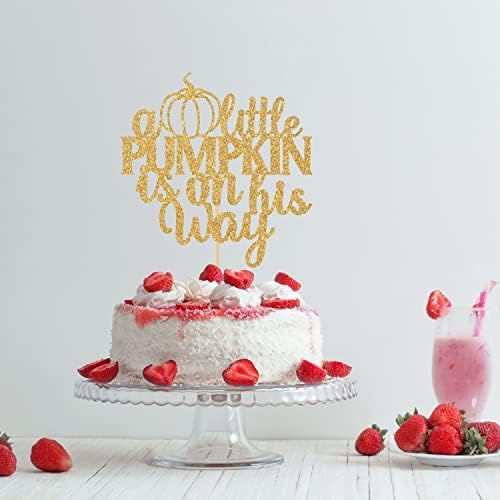 A Little Pumpkin is on His Way Cake Topper, Oh Baby, for Baby Shower Cake Decor, Gender Reveal Party Decorations Gold Glitter