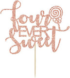 Four Ever Sweet Cake Topper - Happy 4th Birthday, 4th Anniversary, Cheers to 4 Years, Donut Fourth Birthday Party Decorations (Rose Gold Glitter)