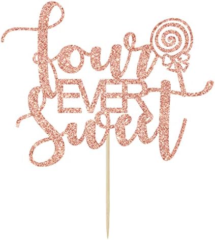 Four Ever Sweet Cake Topper - Happy 4th Birthday, 4th Anniversary, Cheers to 4 Years, Donut Fourth Birthday Party Decorations (Rose Gold Glitter)