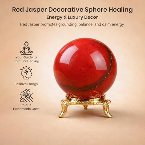 Crocon 55mm Red Jasper Stone Sphere Ball with Metal Stand 1400+ Carats Gemstone Ball Healing Sphere Sculpture Figurine for Fengshui Divination Home Decoration Photography Crystal Sphere