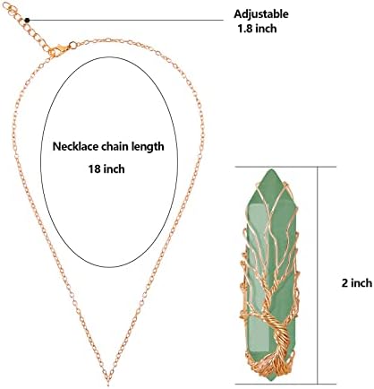 VIBILIA Healing Crystal Necklace Tree of Life Wire Wrapped Natural Stone Point Pendant Necklace Hexagonal Reiki Spiritual Quartz Gemstone Jewelry for Women Men