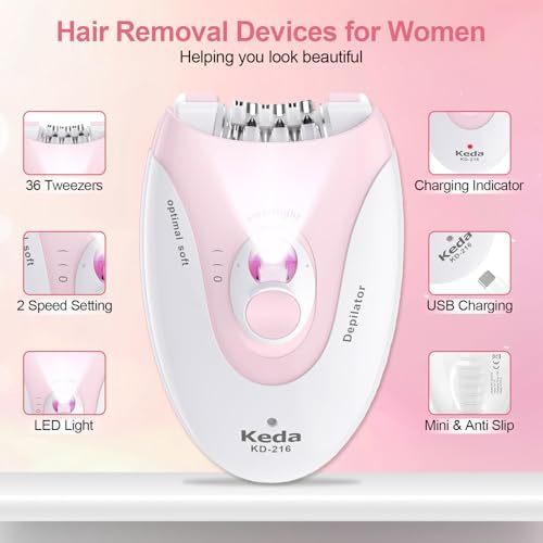 Smooth Glide Epilator for Women, Epilators Hair Removal with LED Light, 2 Speeds Facial Hair Removal Device, with a Vibrating Massage pad and 36 Tweezers for Armpit, Arm, Leg, Bikini, Face, Body