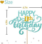 Sky Blue Glitter Happy 11th Birthday Cake Topper, Eleven Years Old Birthday Party Cake Decor, Gold Number 11 Birthday Party Supplies Decorations for Teen Girl or Boy