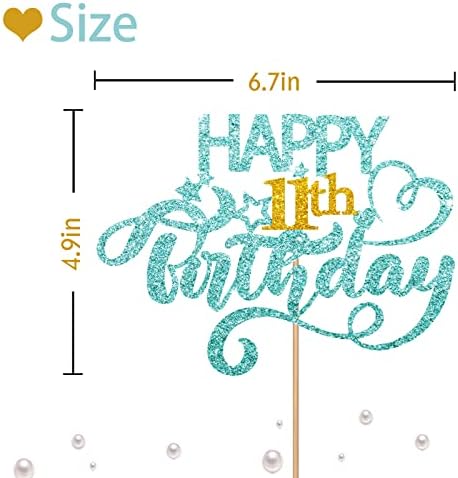 Sky Blue Glitter Happy 11th Birthday Cake Topper, Eleven Years Old Birthday Party Cake Decor, Gold Number 11 Birthday Party Supplies Decorations for Teen Girl or Boy