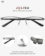 JOLISU 4 Pack Reading Glasses Men, Blue Light Blocking Computer Half Frame Metal Readers Spring Hinge Eyeglasses