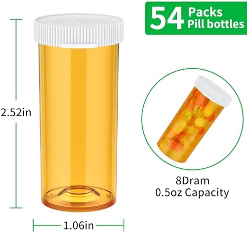Urekt Pill Bottles Empty with Caps(54 Pack), 8 Dram Small Medicine Bottle with Easy Open Snap Cap Plastic Prescription Medication Vial Container Clear Travel Pill Bottle Case