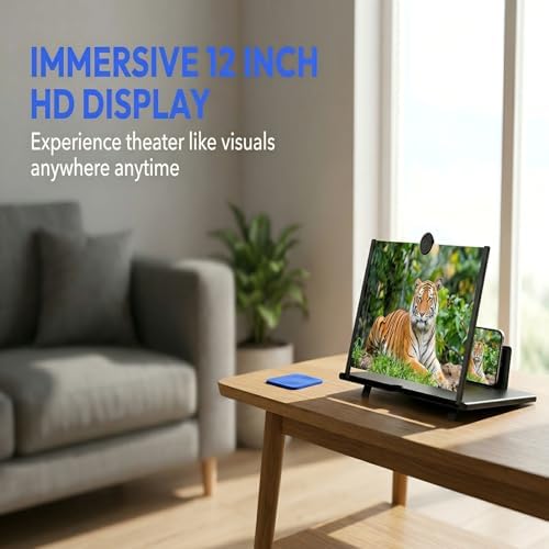 12" Phone Screen Magnifier for Cell Phone, Foldable 3D HD Acrylic Screen Amplifier, Portable Smartphone Screen Enlarger Stand for Movies & Gaming, Universal Phone Stand for All Smartphones (Black)