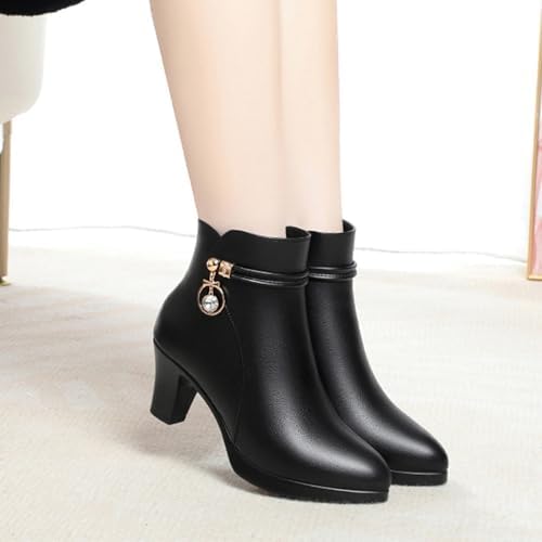 Women'S Leather Mid Block Heel Ankle Boots Fashion Rhinestones Buckle Decor Comfort Warm Fur Lined Side Zipper Chunky Heels Snow Boots