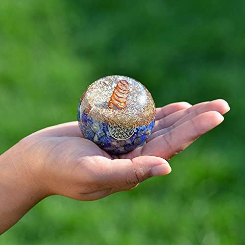 Orgonite Crystal Lapis Lazuli Ball with Holder – Third Eye Chakra Crystal with Flower of Life Enhances Decision Making and Promotes Friendship, Honesty, Compassion and Integrity