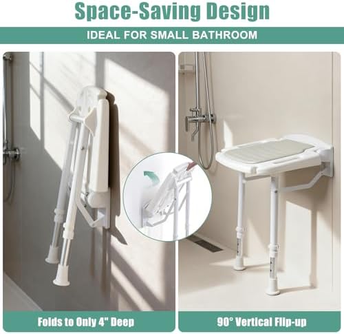 Wall Mounted Shower Seat with Arms, 2mm Thick Aluminum Frame Supports 550lbs, Folding Shower Chair with Memory Foam Cushion, 8 Adjustable Heights, Fold Down Bathroom Bench for Seniors & Disabled