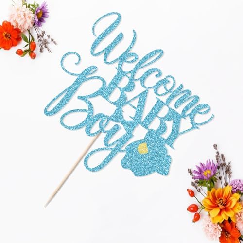 Welcome Baby Boy Cake Topper - Baby Shower-Newborn Gender Reveal Party Decorations (Blue Flash)