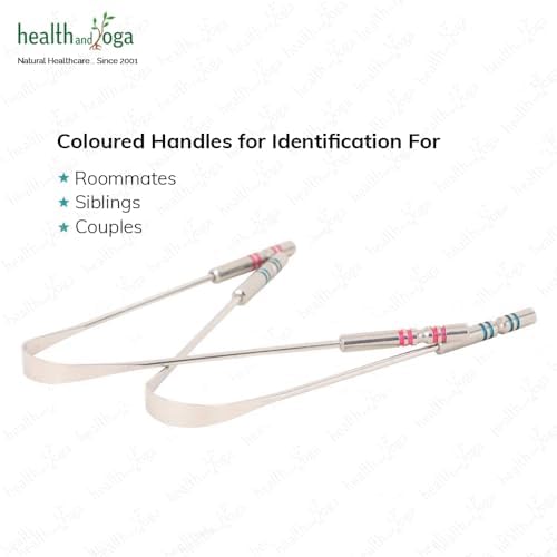 HealthAndYoga™ SteloSwipe His and Hers Premium Tongue Cleaners for Partner and You (2 pcs) - Quality Steel Tongue Scrapers with Color Identifying Hygienic Steel Grips