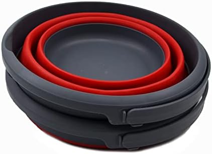 SAMMART 5.5L (1.4 Gallon) Collapsible Plastic Bucket - Foldable Round Tub - Portable Fishing Water Pail - Space Saving Outdoor Waterpot (Grey/Crimson (Set of 2))