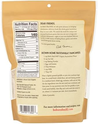 Bob's Red Mill Organic Buckwheat Flour, 22oz (Pack of 4) - Non GMO, Whole Grain, Vegan, Kosher