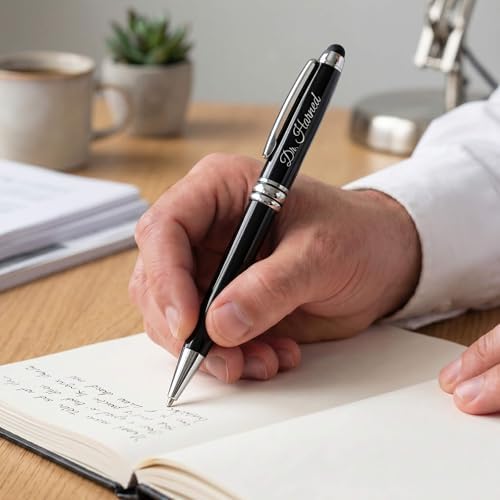 Ancolo Personalized Ballpoint Pens with Stylus - Engraved with Your Message Name/Phone Number Metal Body Black ink Gift for Bank, Office, Hotel Lobbies, Groomsmen Gift 10 Pens/Box
