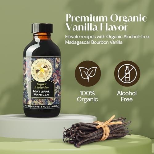 Organic Vanilla Alcohol‑Free Flavor, 4 fl oz - Madagascar Bourbon vanilla, 100% natural, sugar‑free, GMO‑free, gluten‑free, vegan, paleo, keto, kosher, and halal