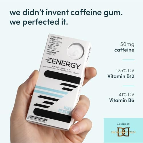ZENERGY Energy Gum - Mint Flavor | 50mg Caffeine + 35% B6 and 45% B12 Vitamin | Vegan, 0 Sugar, 0 Calories, 0 Gluten, 0 Aspartame, Non-GMO, Instant Action | 3 Pack = 24 Count